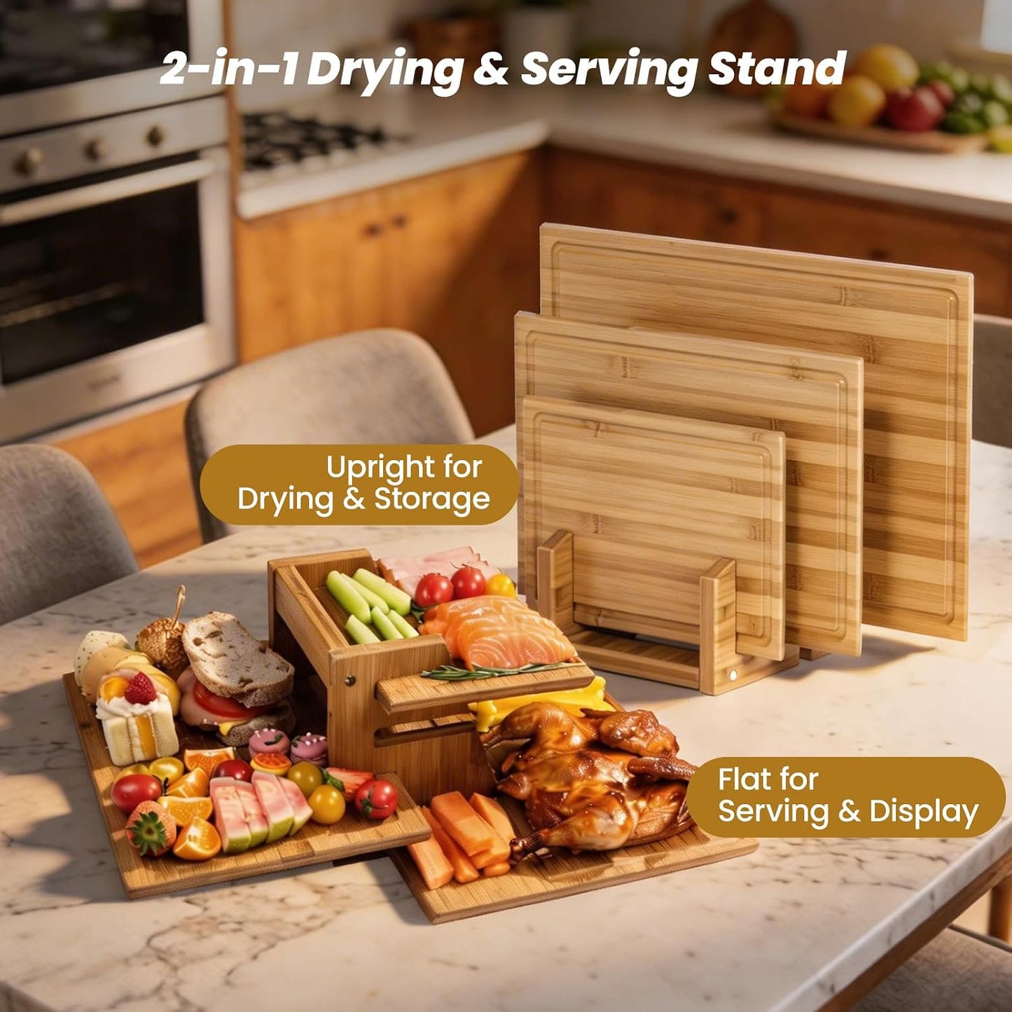 Bamboo Cutting Board Set with Stand, 3PCS Double-Sided Chopping Boards for Kitchen Meal Prep & Serving, Charcuterie, Juice Grooves & Side Handle, Ideal for Meat, Vegetables, Kitchen Essentials, Brown