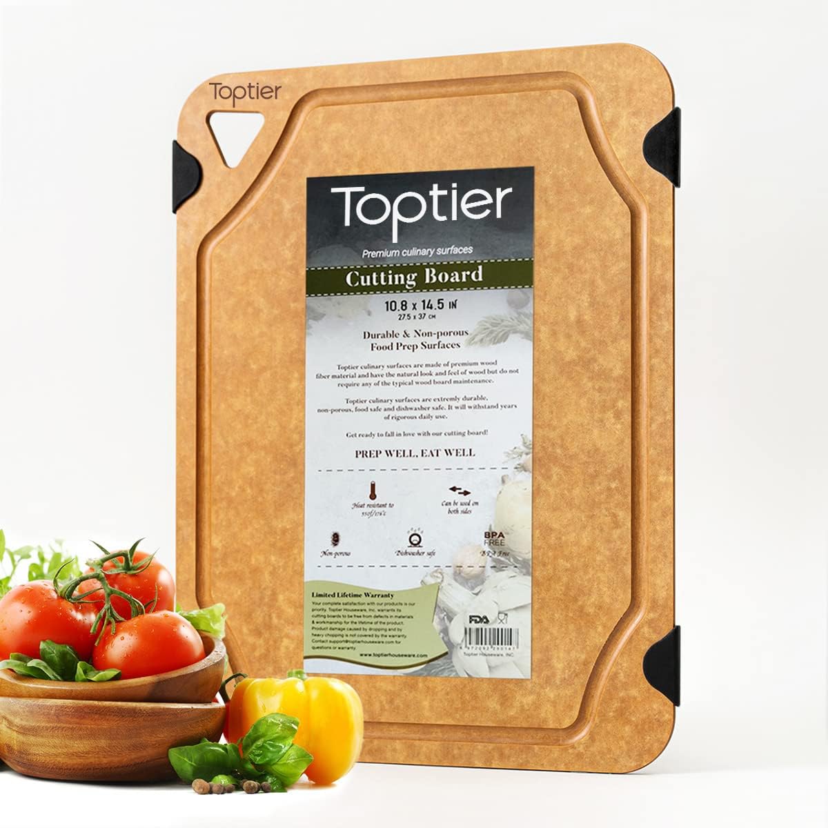 Cutting Board for Kitchen Dishwasher Safe, Toptier, Wood, Fiber , Eco-Friendly, Non-Slip, Juice Grooves, Non-Porous, BPA Free, Small, Silicone, 11.5 x 9.25-inch, Natural Slate