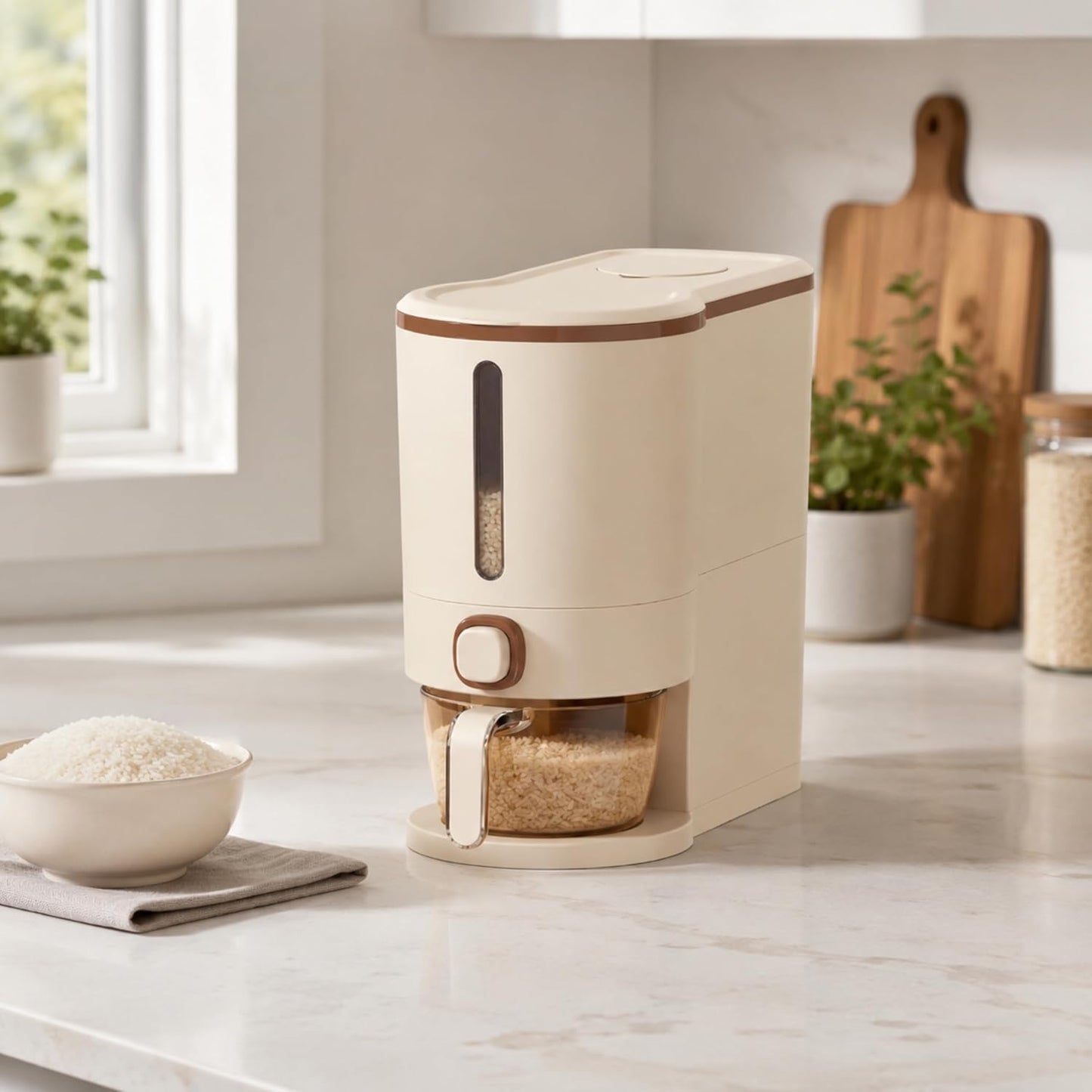 ROOM127 Slim Rice Dispenser 11 Lbs, Airtight Rice Storage Container with Measuring Cup, One-Touch Dry Food & Cereal Dispenser with Clear Window for Kitchen Countertop, Milk Tea Brown
