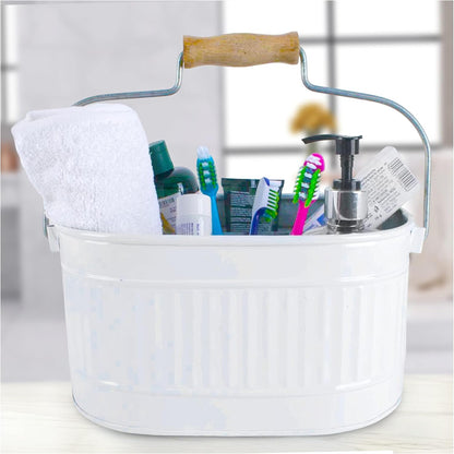 Alpha Living Home Galvanized Metal Utensil Caddy - Rustic Farmhouse Organizer Metal Garden Caddy with 4 Compartments and Wooden Handle for Kitchen, Buffet & Outdoor Events (Silver)