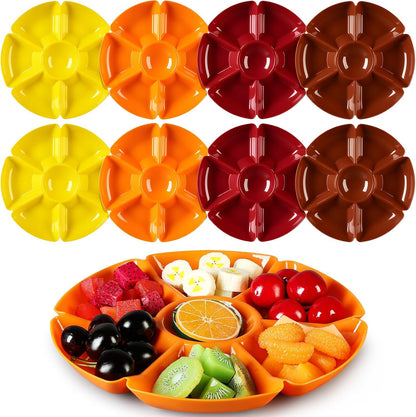 8 Pcs Thanksgiving Plates with Dividers Plastic Divided Snack Serving Tray 10.5 Inch Round 7 Compartments Chip Dip Platter Petal Shape Sectional Platter for Party Candy Nuts Fruits Veggies