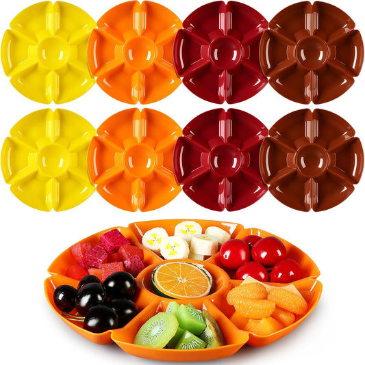 8 Pcs Thanksgiving Plates with Dividers Plastic Divided Snack Serving Tray 10.5 Inch Round 7 Compartments Chip Dip Platter Petal Shape Sectional Platter for Party Candy Nuts Fruits Veggies