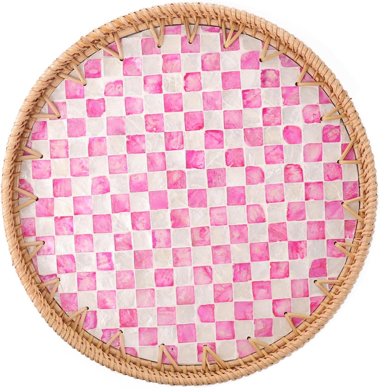 Round Rattan Tray with Mother of Pearl Inlay, Rattan Serving Tray for Coffee, Bread, Fruits, Decorative Wicker Tray for Table Decor, Home Decor, Kitchen Island Decor(Black Checkerboard, 11.8")