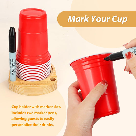 2 Pcs Party Cup Holder with Marker Slot, Wooden Cup Organizer with 2 Markers, Mark Your Cup and Drink Up, Plastic Paper Cup Dispenser, Fits 10 12 16 18 oz Disposable Drinking Cups