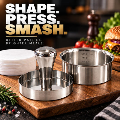 Stainless Steel Burger Press with Patty Ring – Multi-Purpose Meat & Veggie Patty Maker, Smash Burger Press, Food-Grade Stainless Steel, Dishwasher Safe, Gift Box Packaging