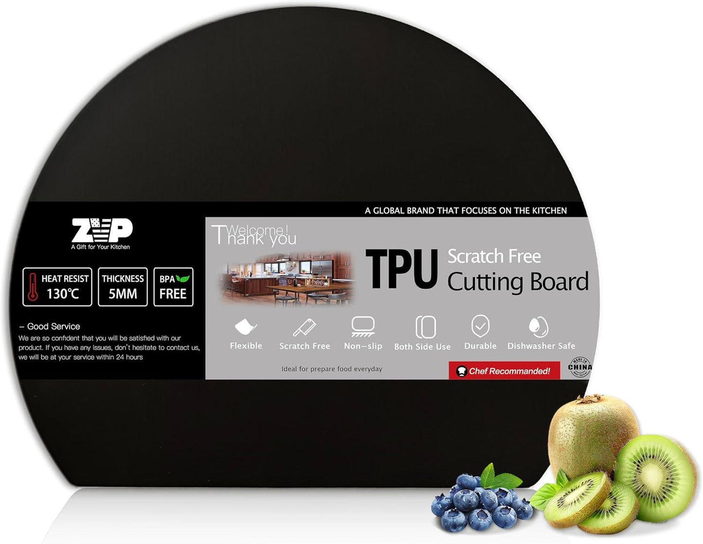 ZVP Thick Silicone TPU Cutting Board Mats for Kitchen, Flexible Rubber Cutting Boards, Anti-Slip Cutting Mats, Semicircle Chopping Board, BPA Free Dishwasher Safe, 2 Pieces