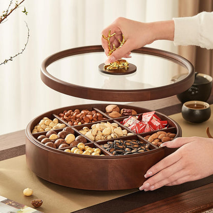 12" Wooden Serving Tray with Lid, 360° Rotating Snack Try, 9 Compartments, Platter Organizer for Snacks, Candy, Nuts, Chips, Tray for Party, Family Dinner for Mom