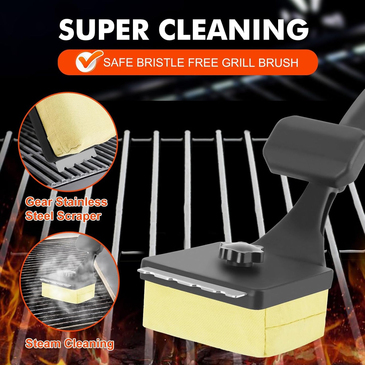 Grill Brush Bristle Free for Outdoor Grill Steam Grill Cleaning Brush Replaceable Head Safe BBQ Cleaner Brush with Durable Scraper for Cast Iron or Stainless-Steel Grates Griddle Scrubber