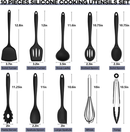 TeamFar Silicone Cooking Utensils, 10 pcs Kitchen Cooking Utensils Set, 446°F Heat Resistant Kitchen Gadgets Tools Set w/Spatula, Turners, Spoons, Soup Ladle, Pasta Server for Nonstick Cookware, Black
