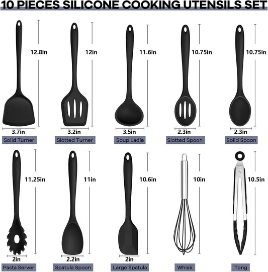 TeamFar Silicone Cooking Utensils, 10 pcs Kitchen Cooking Utensils Set, 446°F Heat Resistant Kitchen Gadgets Tools Set w/Spatula, Turners, Spoons, Soup Ladle, Pasta Server for Nonstick Cookware, Black