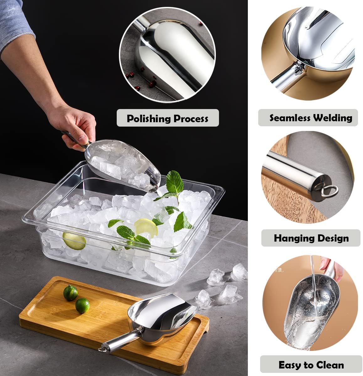 Metal Ice Scoop 6 Oz，Kitchen Ice Scooper for Ice Maker, Small Food Scoops for Bar Party Wedding Pet Dog Food, Stainless Steel Silver
