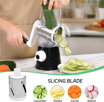 Rotary Cheese Grater with Hand Crank, 3 Blades, Clear Drum, Black