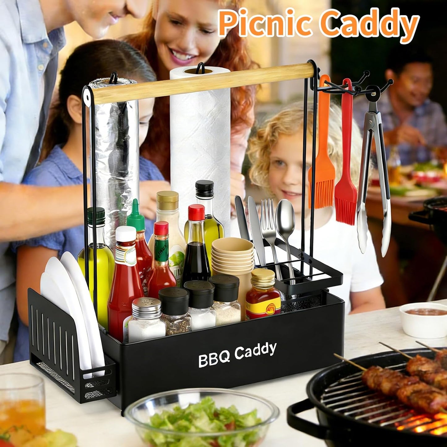 Picnic Caddy BBQ Utensil Caddy for Outdoor Grill Camping for Plate Cutlery CompartmentStorage with 3 Hooks Kitchenn Barbecue Accessories RV Patio Tailgate EssentialsEasy Carry Grilling Gifts for Men
