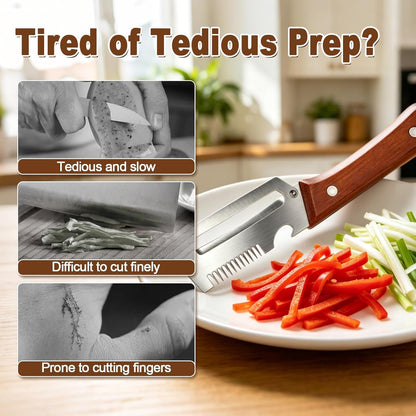 3-in-1 Vegetable Peeler with Wooden Handle – Stainless Steel Swivel Peeler, Julienne Shredder & Bottle Opener – Heavy Duty Kitchen Tool for Potatoes, Carrots, Zucchini, Cucumber（2PCS)