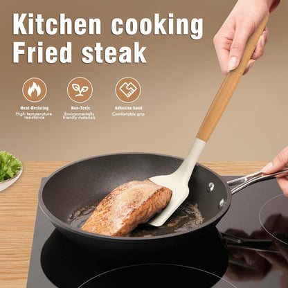 Silicone Cooking Utensils Set - AVGPD Silicone Kitchen Utensils for Cooking Wooden Handles, 446°F Heat Resistant Kitchen Utensil Spatula Sets, Gadgets for Non-Stick Cookware BPA FREE (Black)