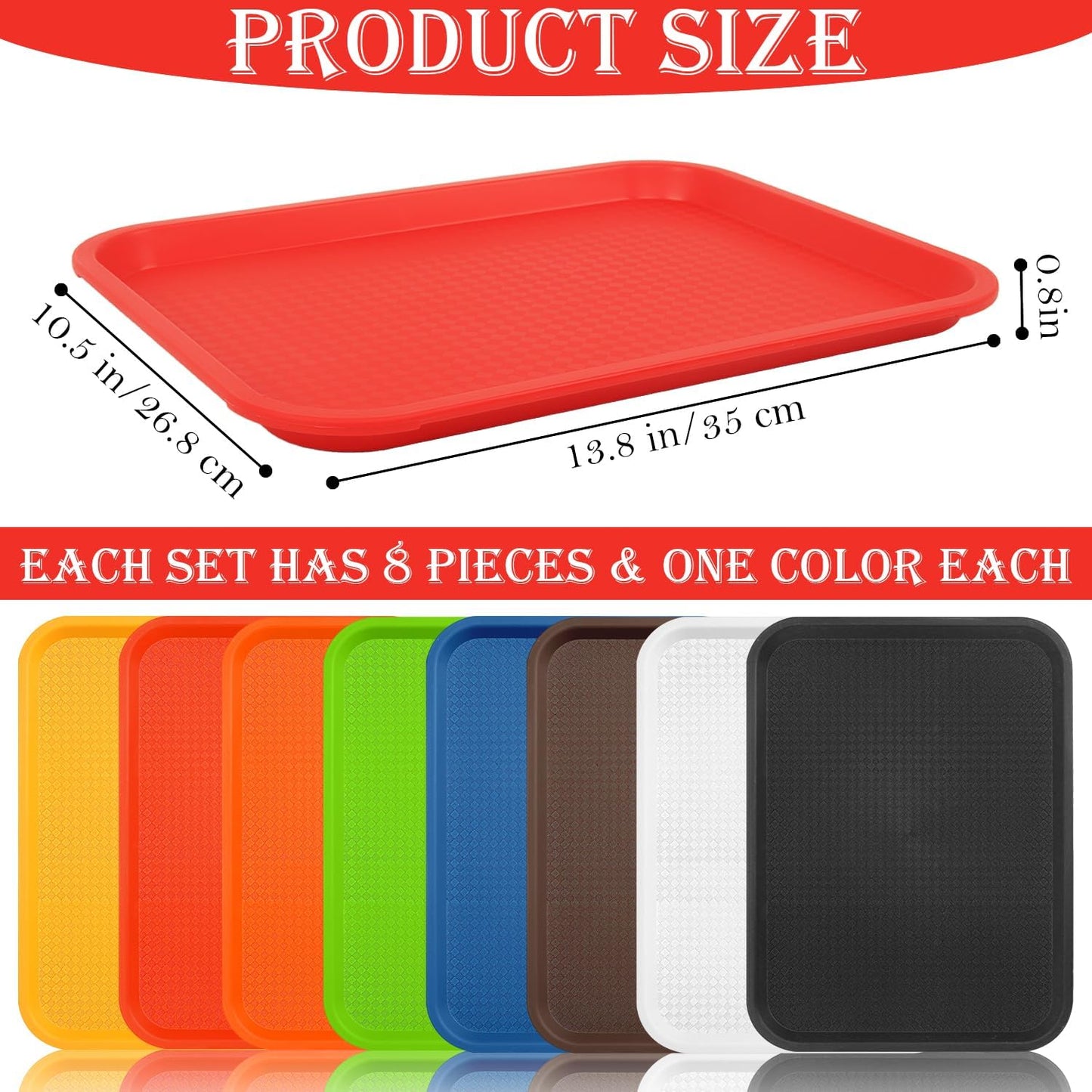 Plastic Fast Food Trays, 8 Pack Cafeteria & Restaurant Serving Tray Set for Coffee Table, Kitchen & Party, Multi-Color Reusable Snack Trays for Home, School, Events (11.8x16.3x0.8 Inches)