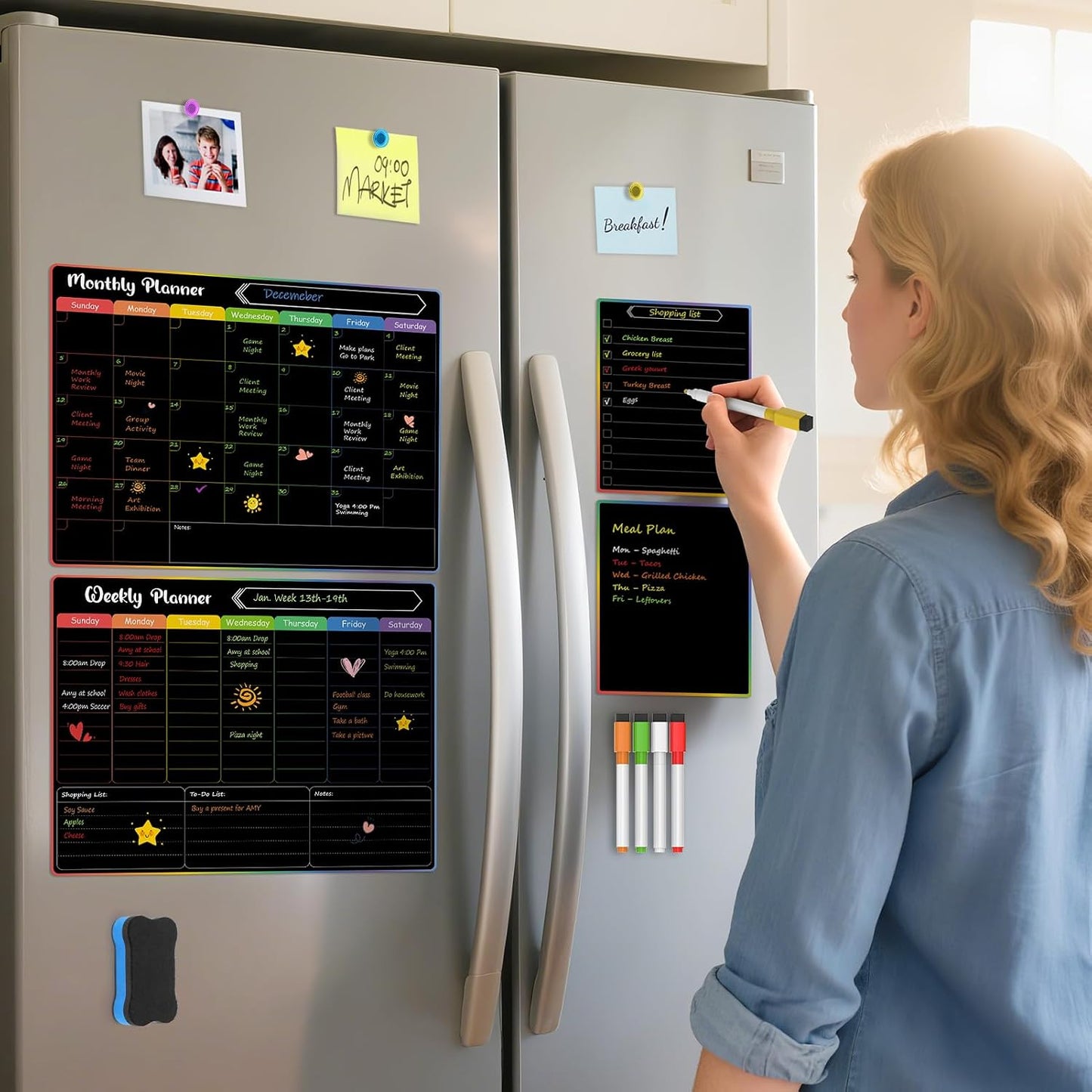 MaxGear 4 Pack Magnetic Fridge Calendar Set, 15" x 11.5" Dry Erase Whiteboard Calendar for Refrigerator, Includes Monthly, Weekly, List and Small Board with 5 Markers, 1 Eraser and 5 Magnets