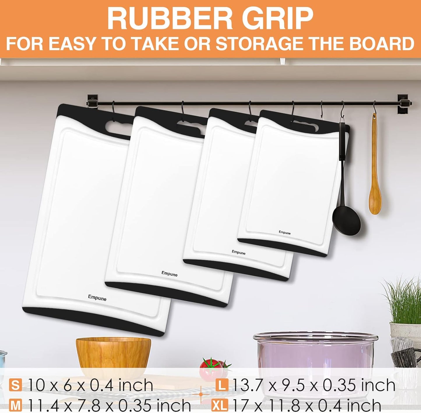 Extra Large Cutting Boards, Plastic Cutting Boards for Kitchen (Set of 4) Cutting Board Set Dishwasher Safe Chopping Board with Juice Grooves Easy-Grip Handles, Grey, Empune