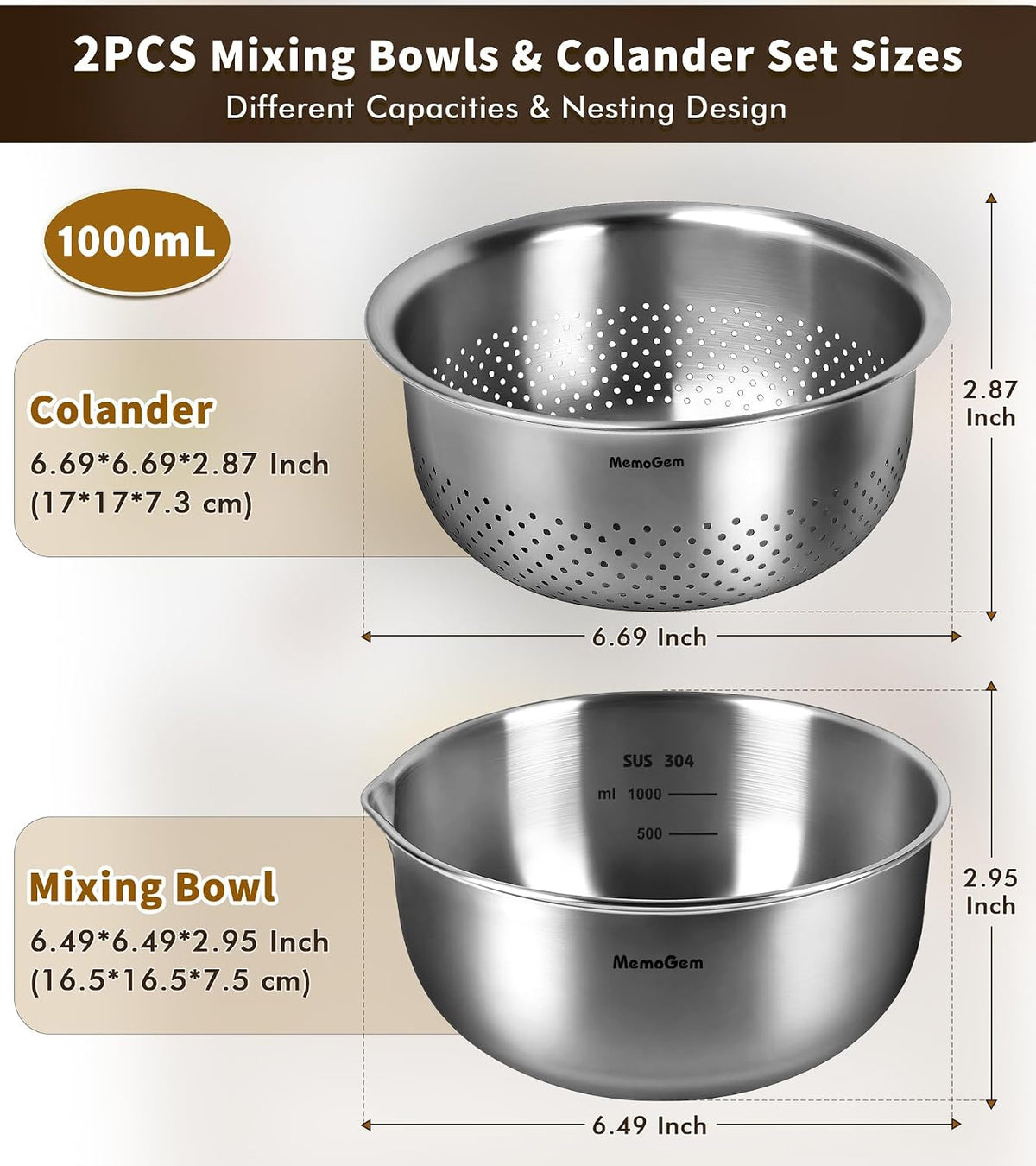 304 Stainless Steel Fine Mesh Colander Set, 1QT Large Capacity Strainer with Mixing Bowl, Rust Resistant Metal Strainer Bowl for Rinse Fruits, Veggies, Rice & Drain Pasta, Cooking, Dishwasher Safe