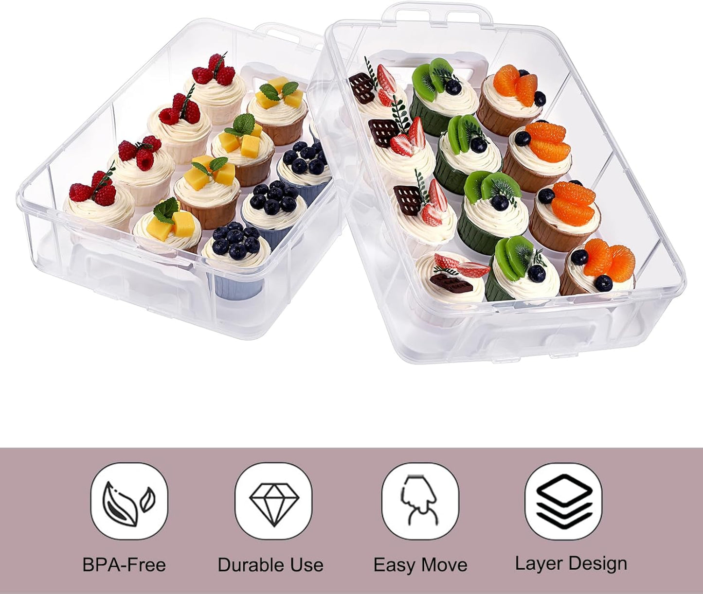 BTSKY 2 Tier Clear Plastic Cupcake Holder with Lid & Handles, Portable Cupcake Carrier for 24 Cupcakes, Stackable Cupcake Storage Container with Convenient Slot Tray Large Plastic Storage Box, White