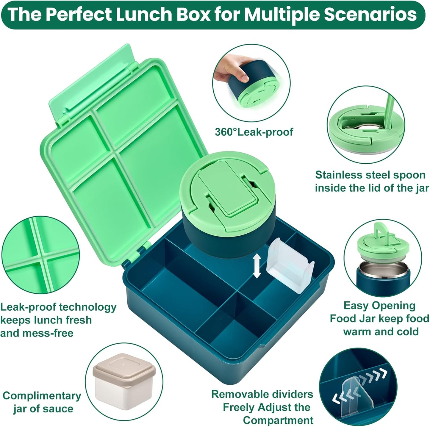 Bento Lunch Box with 8oz Soup Thermo,Kids Leakproof 4 Compartment Lunch Food Containers with Sauce Cup and Ice Pack,Kids Thermo Insulated Hot Food Jar and Lunch Bag for School,Trvael-Black