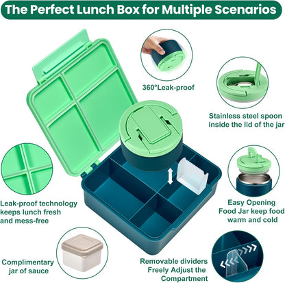 Bento Lunch Box with 8oz Soup Thermo,Kids Leakproof 4 Compartment Lunch Food Containers with Sauce Cup and Ice Pack,Kids Thermo Insulated Hot Food Jar and Lunch Bag for School,Trvael-Black