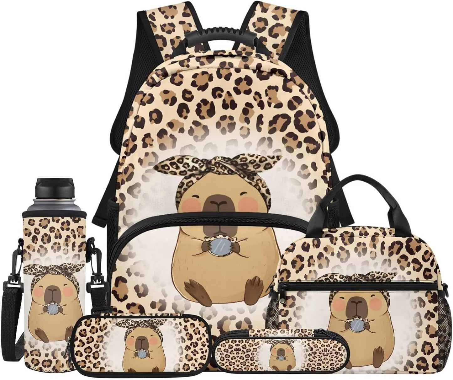 Highland Cow Backpack with Lunch Box Set for Kids Sunflower School Backpack for Girls Boys Back to School Bag Student Travel Backpacks Reusable Utensils Pen Case Water Bottle Bag 5PCS