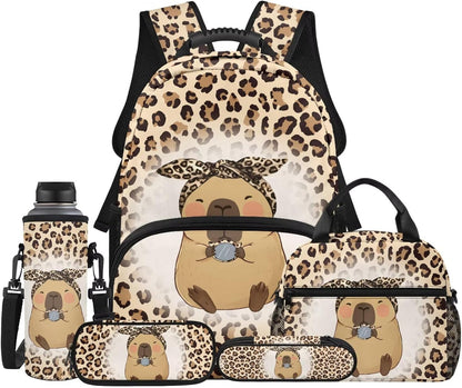 Highland Cow Backpack with Lunch Box Set for Kids Sunflower School Backpack for Girls Boys Back to School Bag Student Travel Backpacks Reusable Utensils Pen Case Water Bottle Bag 5PCS