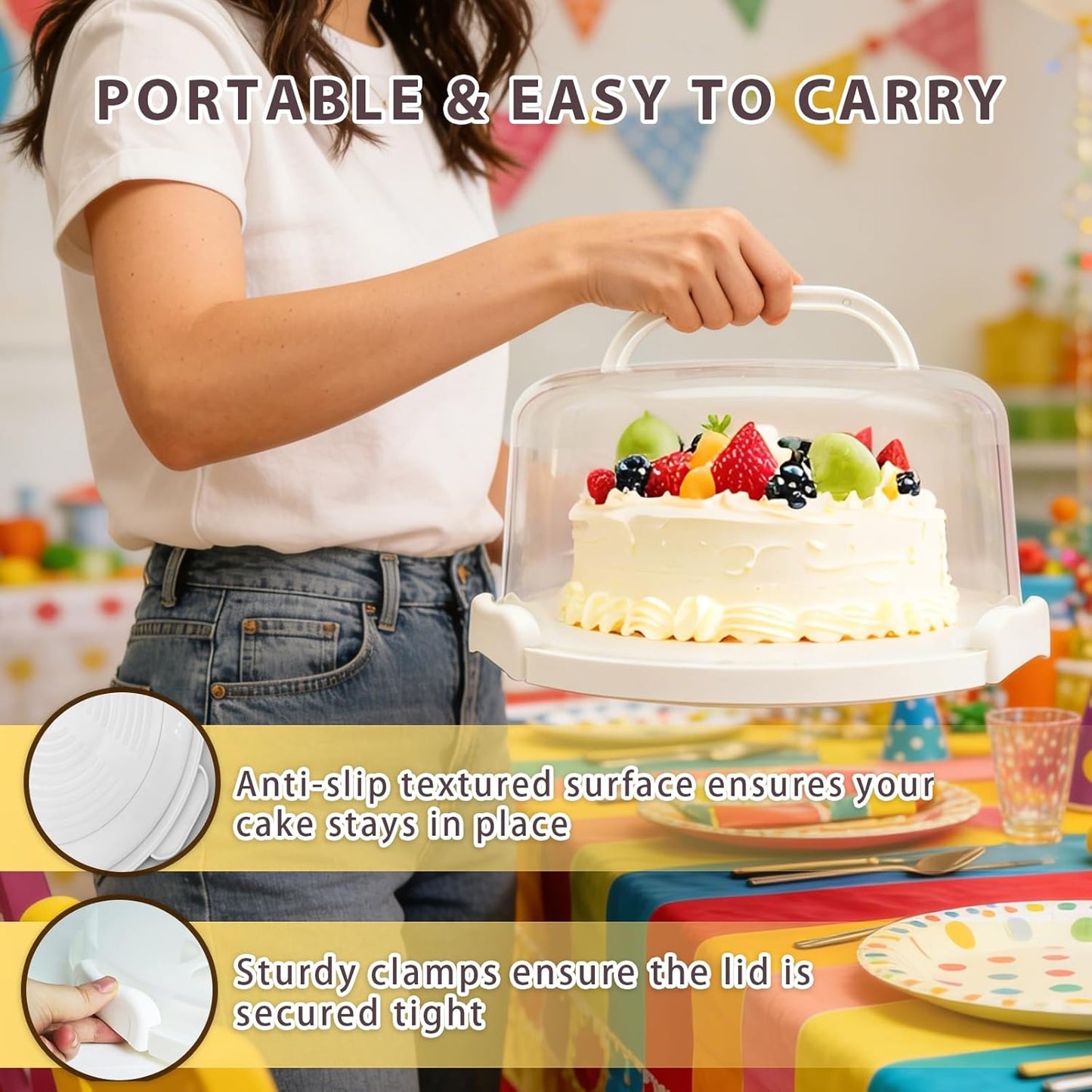 Plastic Cake Carrier with Lid and Handle, Multipurpose Cake Stand Holder Container for 11 in Cake, Round Cupcake Storage Box Serving Tray with Cover for Bundt Dessert Pie Pizza Eggs Fruit White