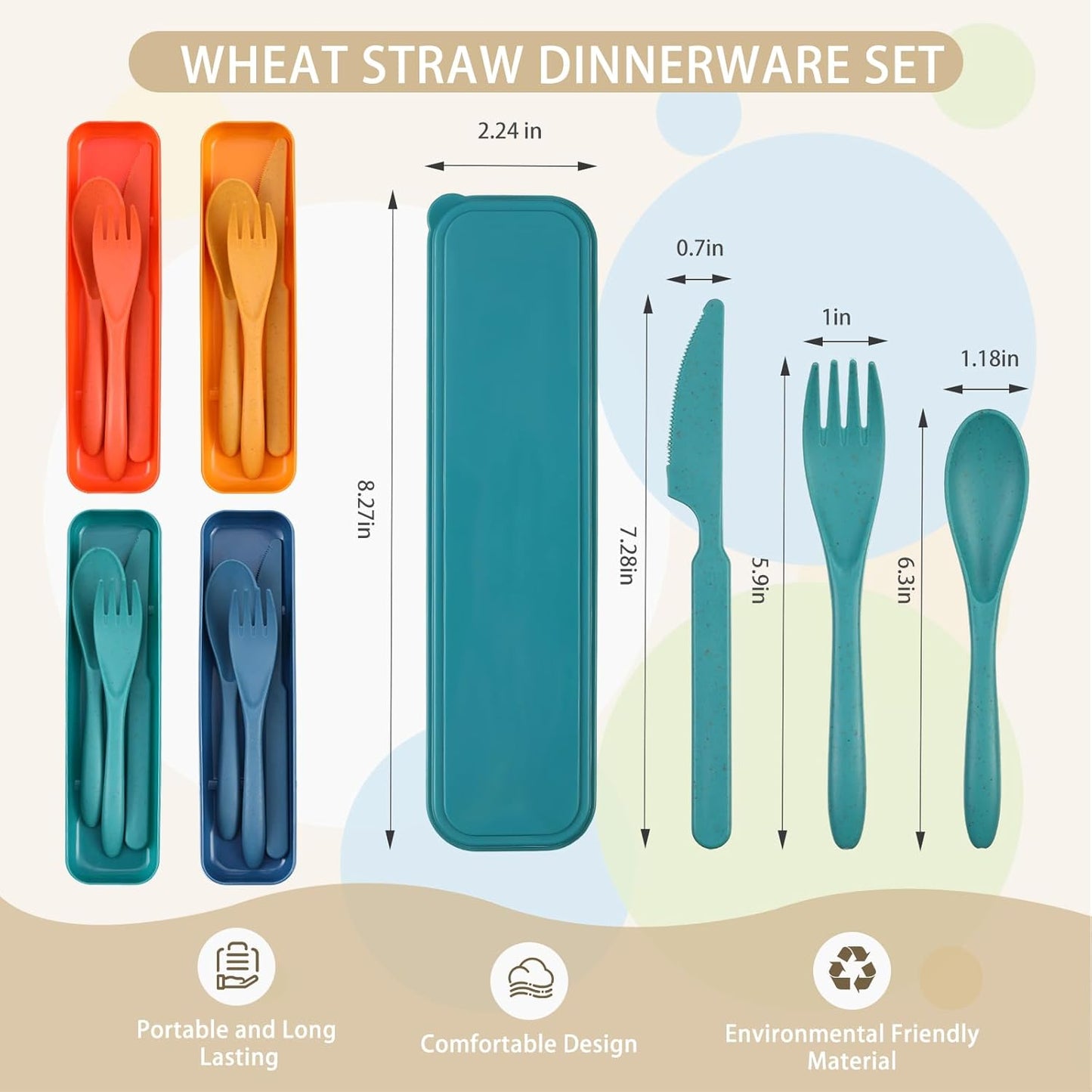Jinei 50 Sets Reusable Travel Utensils Set with Case Wheat Straw Cutlery Portable Spoon Knife Forks Lunch Box Accessories Friendly Tableware for Kids Adults Camping Utensils(Bright)