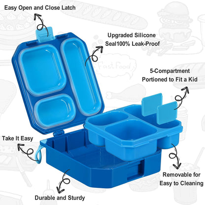 Itslife Bento Lunch Box Set for Kids with 12oz Soup Thermo&Lunch Bag, Leak-Proof Lunch Food Containers for Kids School, 5 Compartment, Sauce Cup, 10 Notes (Dinosaurs Black)