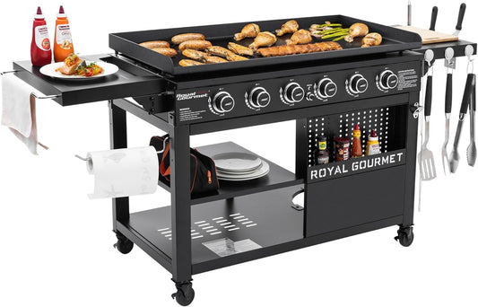 6-Burner Propane Gas Grill Griddle with Foldable Side Tables, 44-Inch Flat Top Grill with Double-Layer Bottom, Ideal for Outdoor Cooking, Black, GB6000-SC