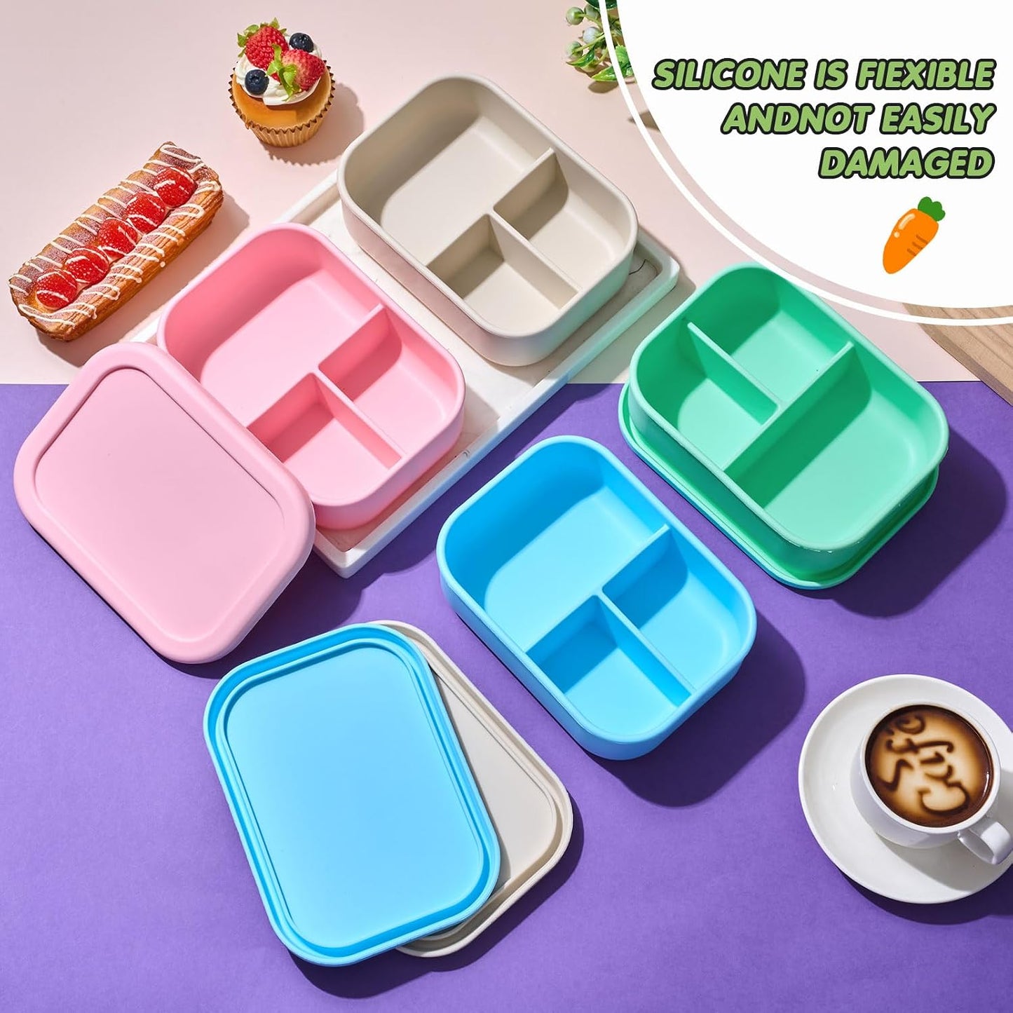 Layhit 4 Pcs Silicone Bento Box for Adults, 27 oz Bento Lunch Container Reusable 3 Compartment Lunchable Food Container for Women Men, Leak Proof Microwave Dishwasher Freezer Safe (Cool Colors)