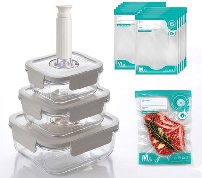 3-Piece Rectangle Glass Vacuum Food Storage Containers Set with Hand Pump & 10 Sealer Bags, Borosilicate Airtight Meal Prep Lids with Date Tracker, Leakproof, Freezer & Microwave Safe [21/35/50 Oz]