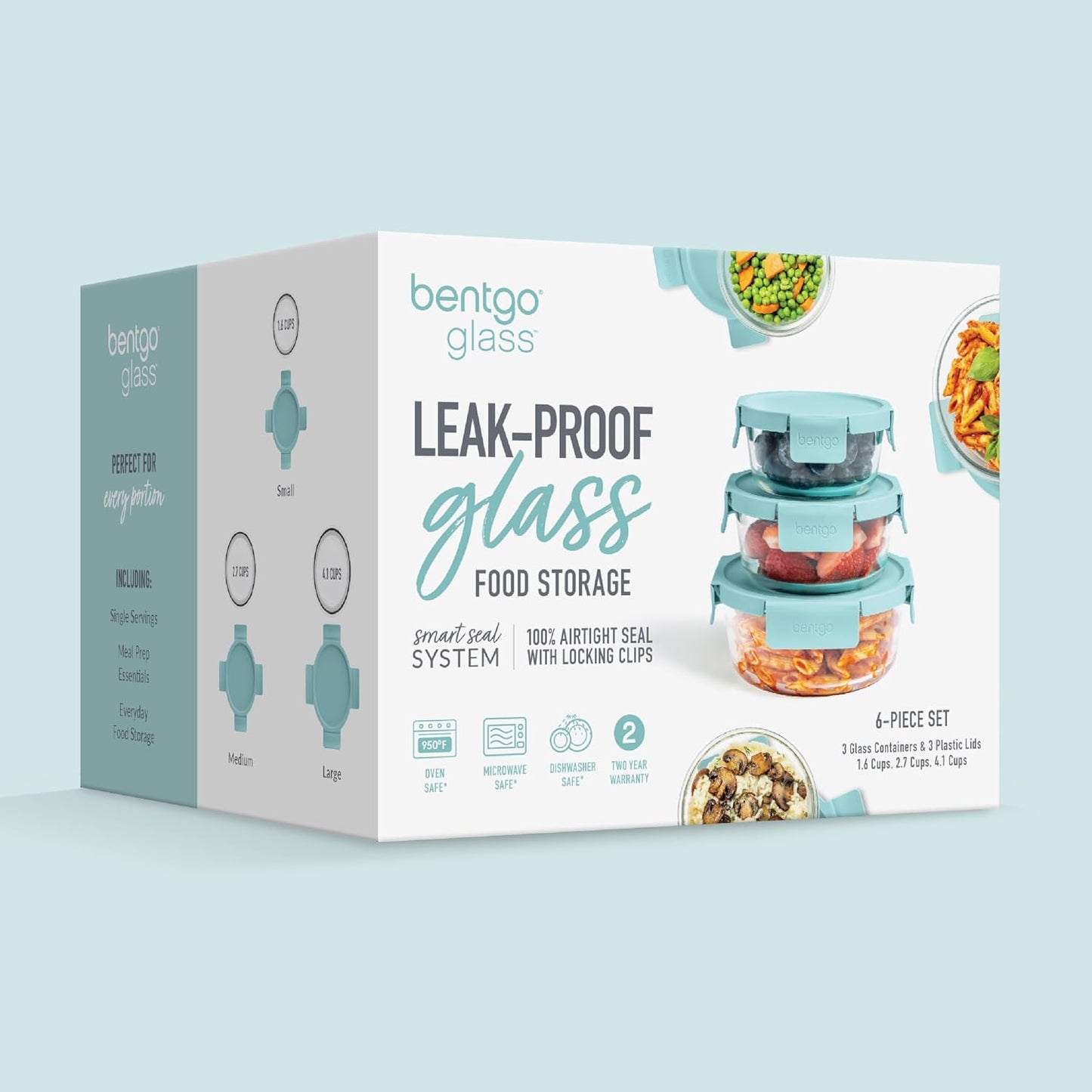 Bentgo Glass Leak-Proof Food Storage Set - 4-Piece Glass Containers with BPA-Free Airtight Lids, Reusable & Durable for Leftovers & Meal Prep - Microwave, Freezer, Oven & Dishwasher Safe (Soft Aqua)