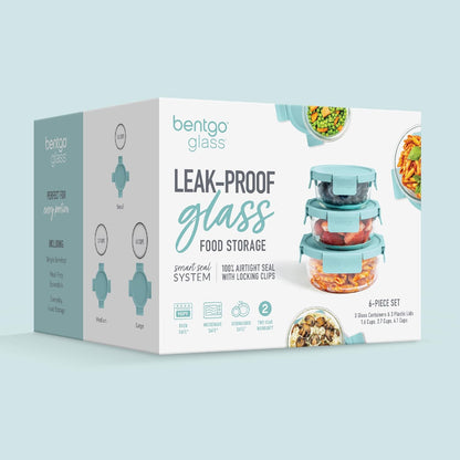 Bentgo Glass Leak-Proof Food Storage Set - 4-Piece Glass Containers with BPA-Free Airtight Lids, Reusable & Durable for Leftovers & Meal Prep - Microwave, Freezer, Oven & Dishwasher Safe (Soft Aqua)