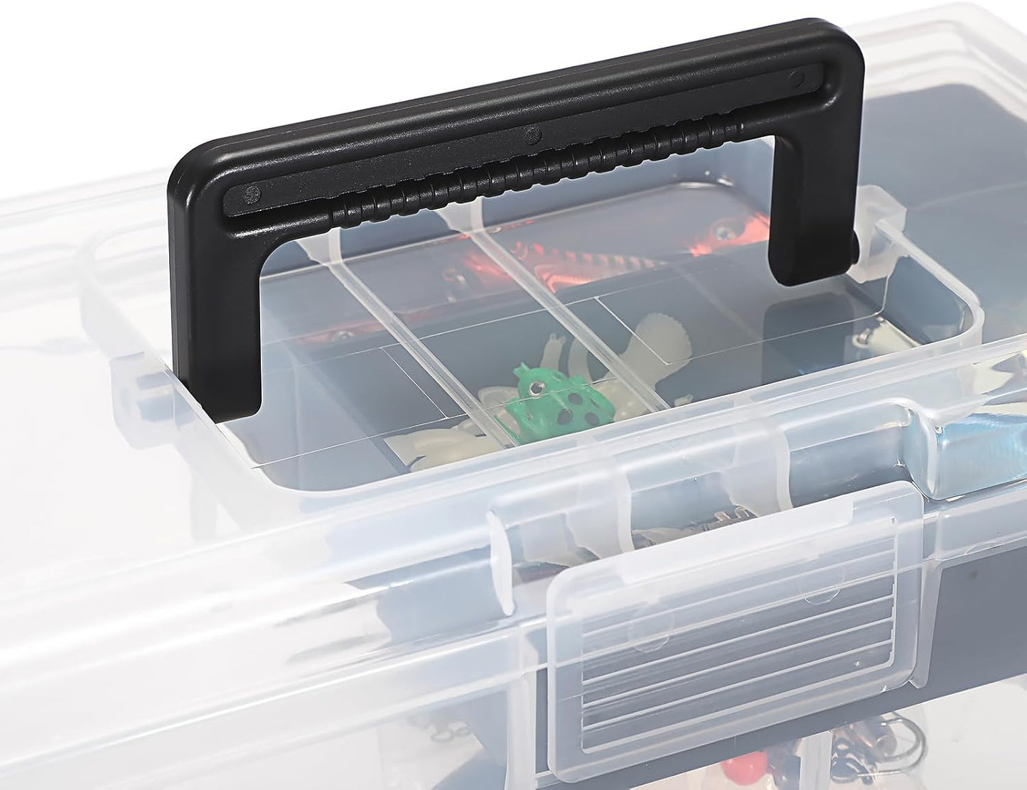 JUXYES Plastic Carry Storage Box with Removable Dividers, Clear Art Craft Supply Storage Bin Sewing Box With Handle Lid, 2 Layers Stationery Storage Case for School/Office Supplies