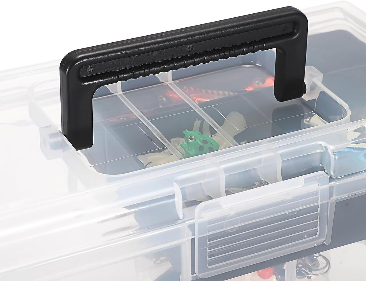 JUXYES Clear Art Craft Supply Storage Bin Sewing Box With Handle Lid | Clear Stackable Latching Craft Storage Bin for School Office, Organizing Stationery, Sewing, Art Craft, DIY Supplies
