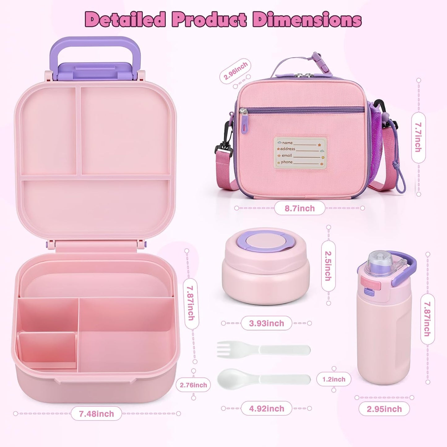 Bento Lunch Box for Kids with 7oz Soup Thermo,Insulated Stainless Steel Kids Water Bottle with Straw and Insulated Lunch Bag,Leak-Proof Lunch Food Container with Ice Pack for School (Purple-Mermaid)