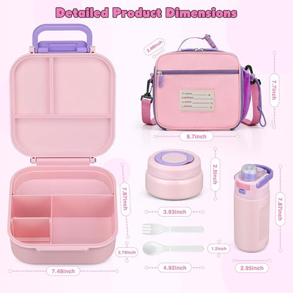 Bento Lunch Box for Kids with 7oz Soup Thermo,Insulated Stainless Steel Kids Water Bottle with Straw and Insulated Lunch Bag,Leak-Proof Lunch Food Container with Ice Pack for School (Purple-Mermaid)