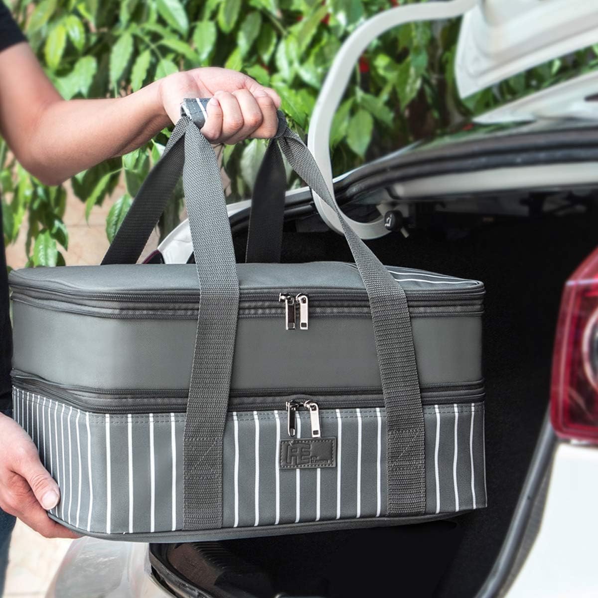 FE FUN ELEMENTS Casserole Carrier, Expandable Insulated Casserole Carriers for Hot or Cold Food, Lasagna Lugger for Parties, Fits 9" x 13" Baking Dish, Grey