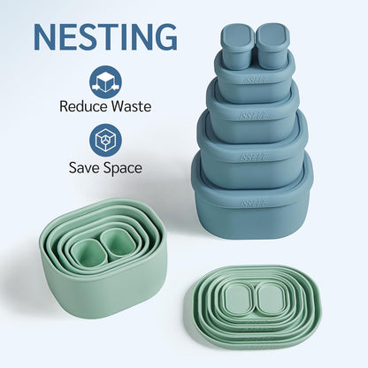 ISSEVE 12Pcs/Set Nesting Silicone Food Storage Containers with Lids, BPA Free Reusable Meal Prep Silicone Containers Airtight, Freezer Dishwasher Safe (33.8oz, 20oz, 10oz, 6.7oz, 1.3oz)