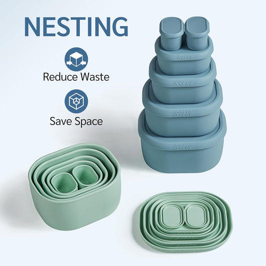 ISSEVE 12Pcs/Set Nesting Silicone Food Storage Containers with Lids, BPA Free Reusable Meal Prep Silicone Containers Airtight, Freezer Dishwasher Safe (33.8oz, 20oz, 10oz, 6.7oz, 1.3oz)