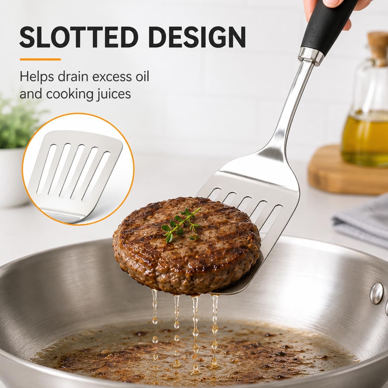 Stainless Steel Slotted Turner Spatula, Thin Edge Turner, Silver | Thin-edge Metal Spatula for Cast Iron and Stainless Steel Pans; Flips Eggs, Pancakes Burgers; Dishwasher Safe