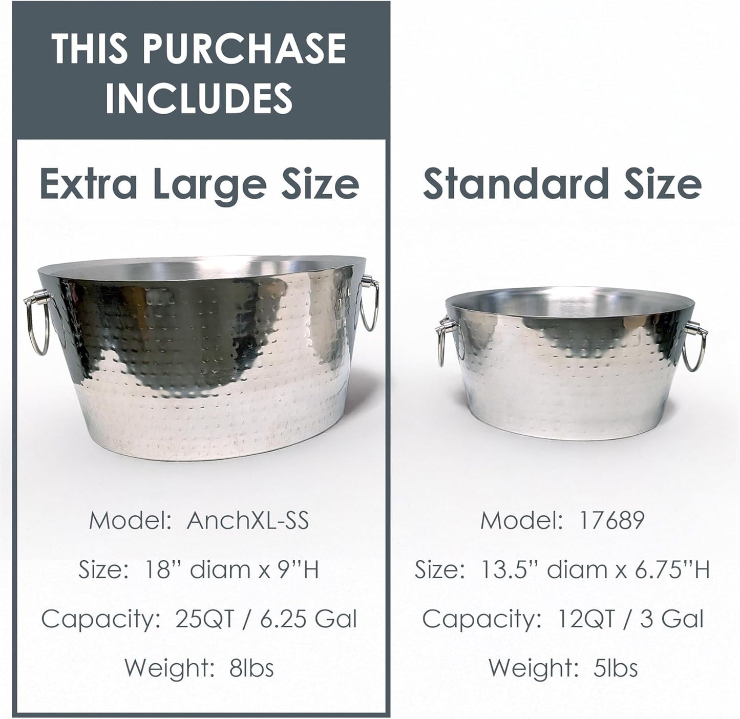 BREKX 6.25 Gallon Large Stainless Steel Bucket for Parties, Double-Walled Insulated Anchored Drink Tub & Ice Bucket with Double Hinged Handles, Silver, Extra Large