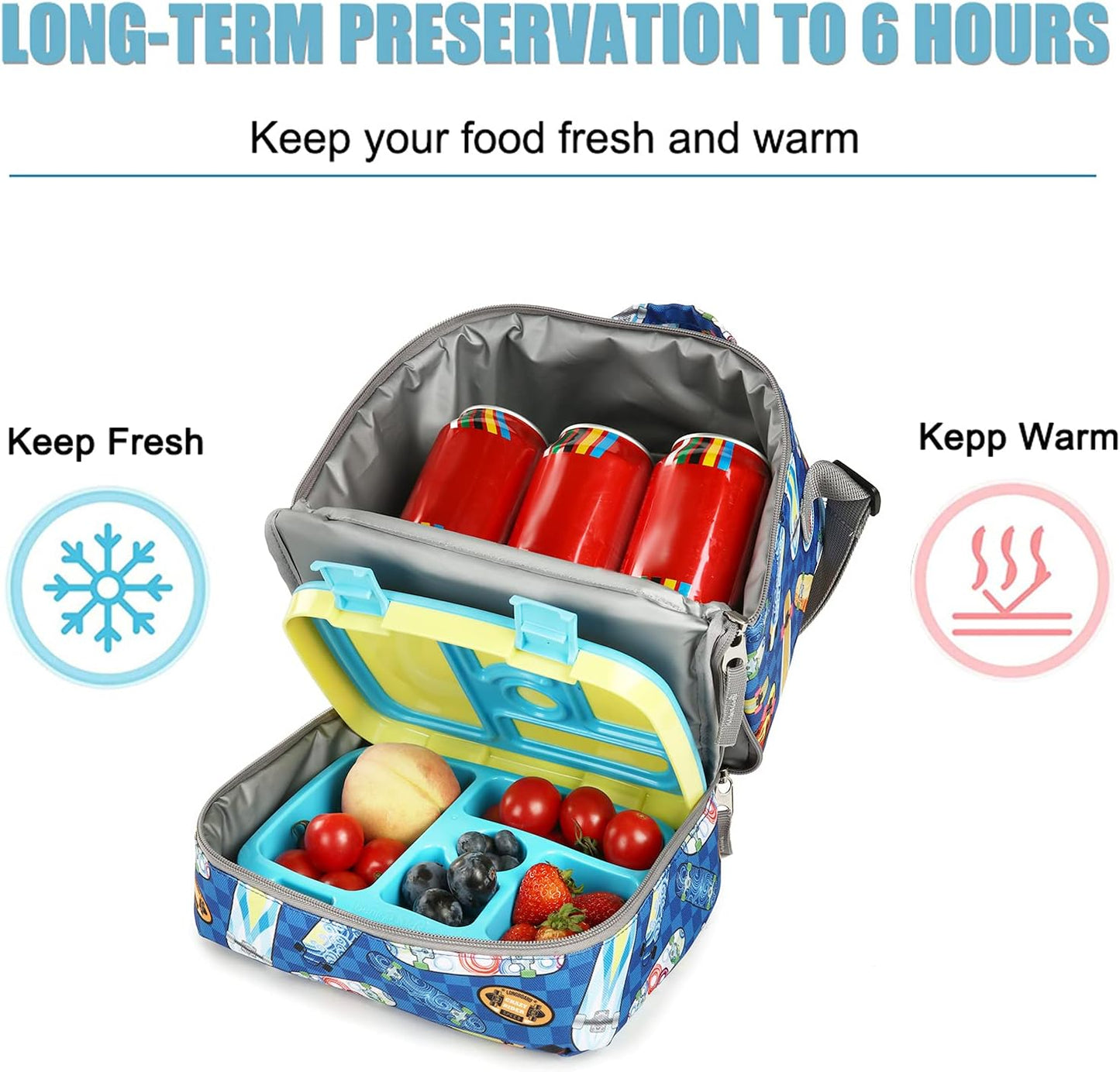 Tilami Lunch Bags Insulated Adjustable Strap Zipper, Two Compartments Cooler Bags, Bento Bags for Kids Toddlers (Blue)