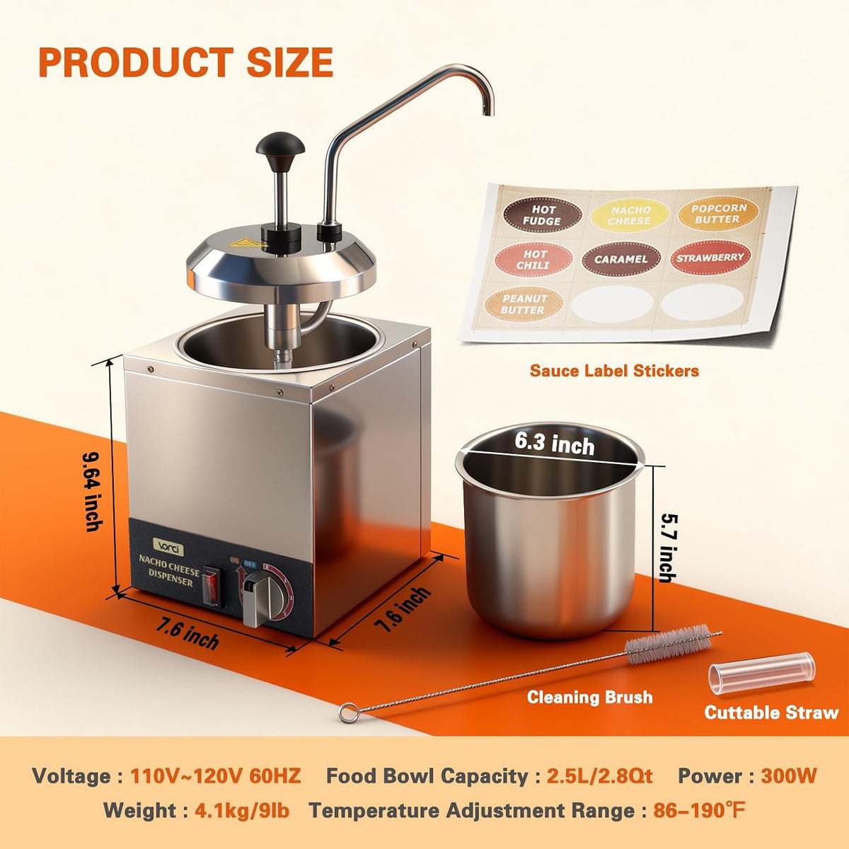 VONCI Nacho Cheese Dispenser, 2.8 Qt（2.5L） Nacho Cheese Warmer with Plastic Pump, Hot Fudge Dispenser with 6-Level Temperature Adjustment, Commercial Cheese Dispenser for Hot Fudge Cheese Caramel
