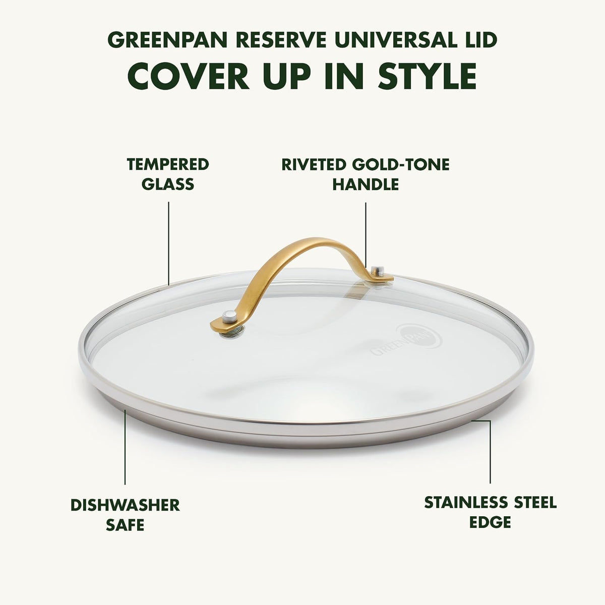 GreenPan 8" Tempered Glass Lid for Pots and Pans Cookware, Gold-Tone Handle with Matte Finish, Dishwasher and Oven Safe