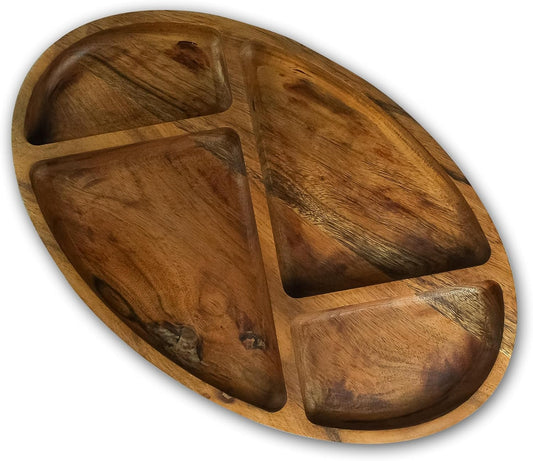 Large Wooden Divided Serving Tray – 16x10 inch Acacia Wood Platter with 4 Compartments for Snacks, Appetizers, Chips and Dips – Rustic Charcuterie Board, Chrsitmas, New Year, Thanksgiving