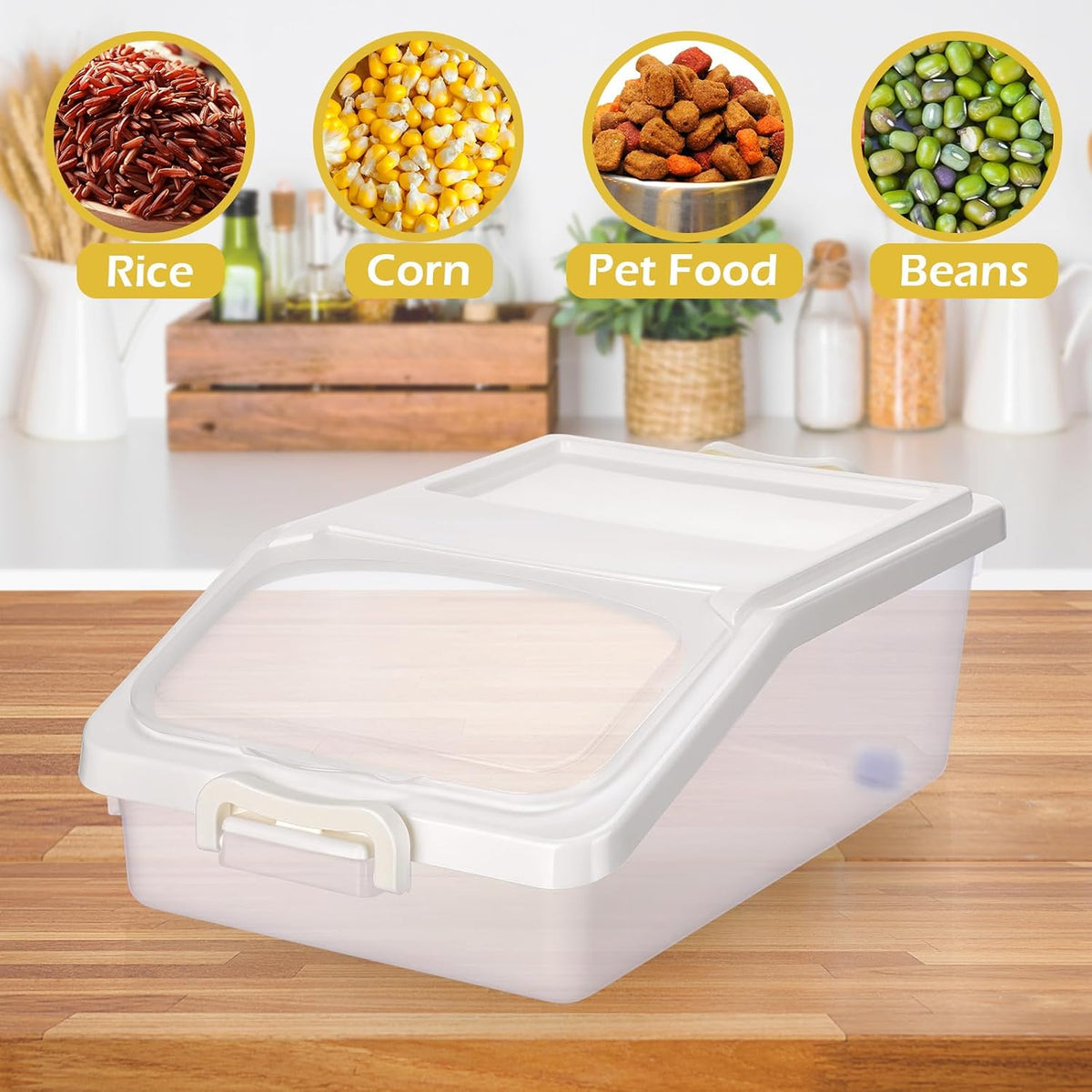 Blushtier 3 Pcs Rice Storage Container 11 lb Airtight Flour Container with Wheels Measuring Cup Clear Pet Food Dog Cat Birds Food Bin Grain Cereal Organizer Box for Dry Baking Supplies(Milky White)